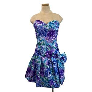 Vtg By Choice dress women's L blue purple floral print strapless mini dress NWT